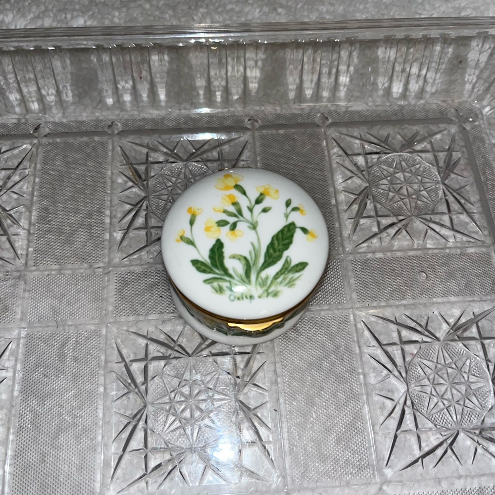 White Porcelain Trinket Box w/ Oxlip & Yellow Flowers by Chinacraft London